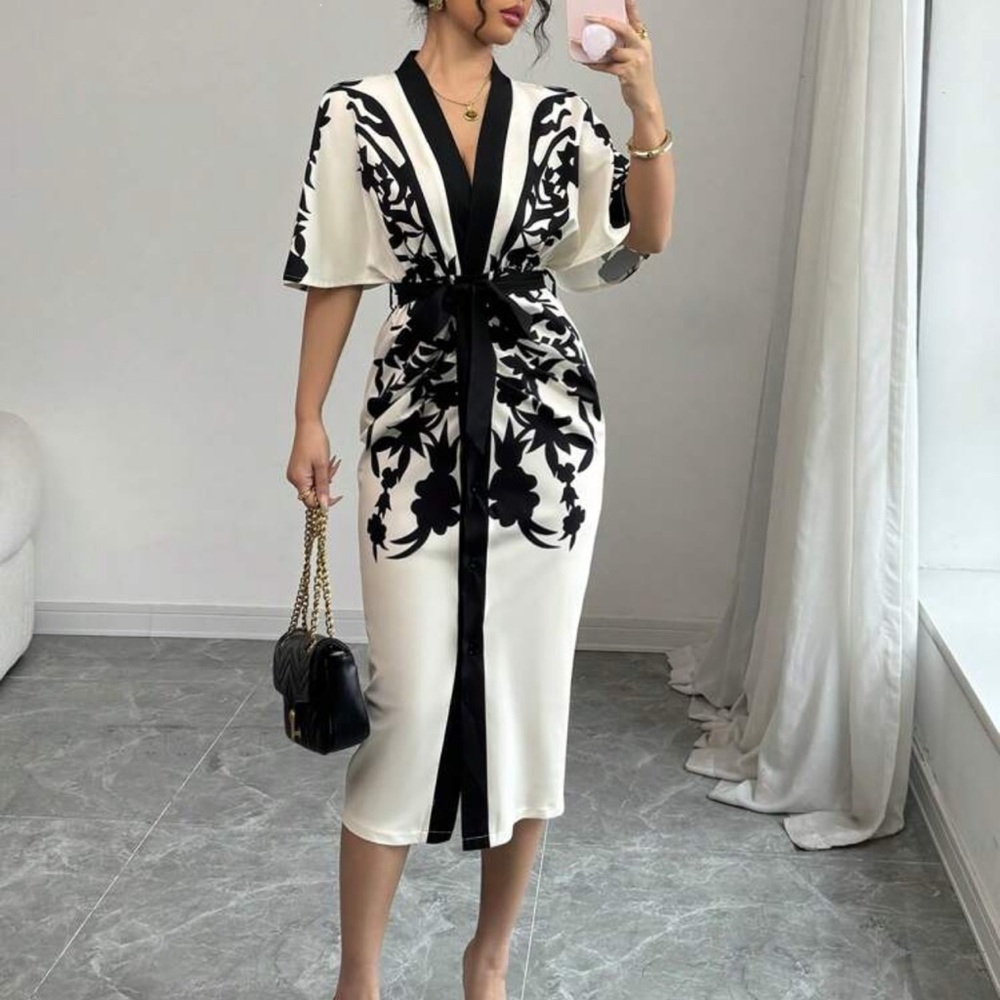 SHEIN Black and White Floral Midi Dress